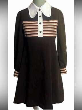 VINTAGE 1960s MOD John Howard Brown Long-Sleeve Dress with White Collar